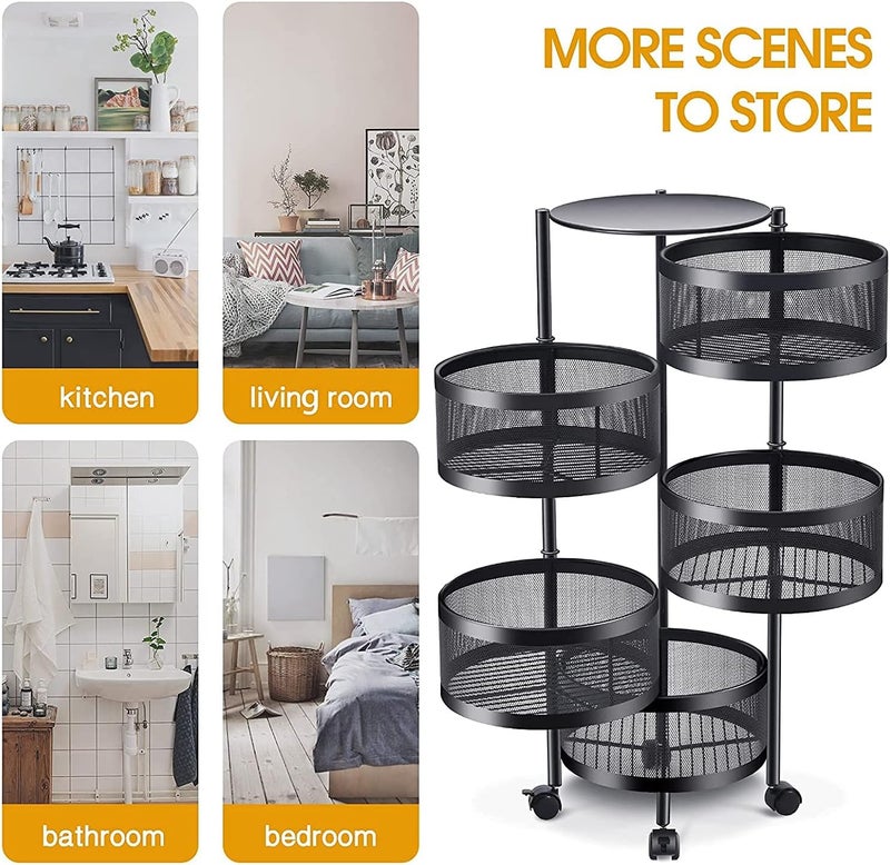 BPA Multi-Layer Kitchen Storage Shelf, Round Steel Rotating with 4 Movable Wheels, Storage for Fruit and Vegetable Floor-Standing(5F Black) - Image 2