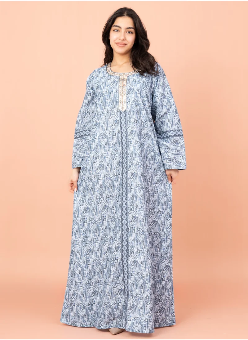 IKKXA Modern Embroidery Jalabiya IN036 Blue