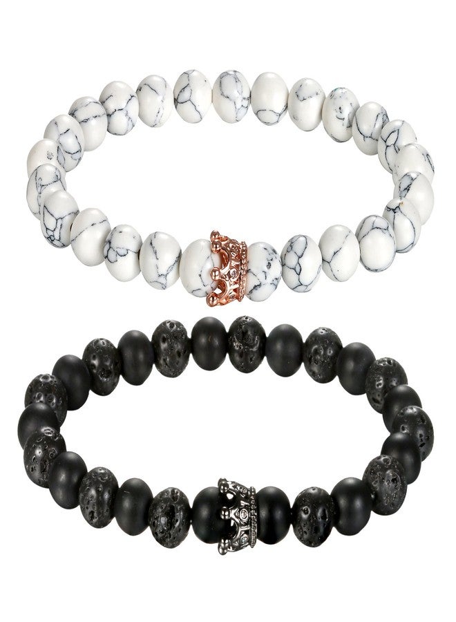 Cupimatch Couple Black Matte Agate & White Howlite CZ Crown Queen 8mm Beads Bracelet, His and Her Couple Bracelets 7.5" - Image 1