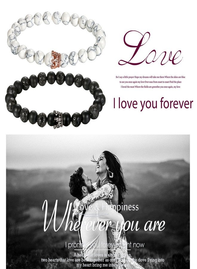 Cupimatch Couple Black Matte Agate & White Howlite CZ Crown Queen 8mm Beads Bracelet, His and Her Couple Bracelets 7.5" - Image 3