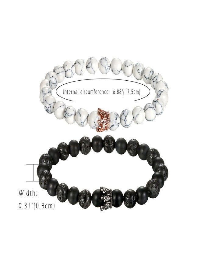 Cupimatch Couple Black Matte Agate & White Howlite CZ Crown Queen 8mm Beads Bracelet, His and Her Couple Bracelets 7.5" - Image 2