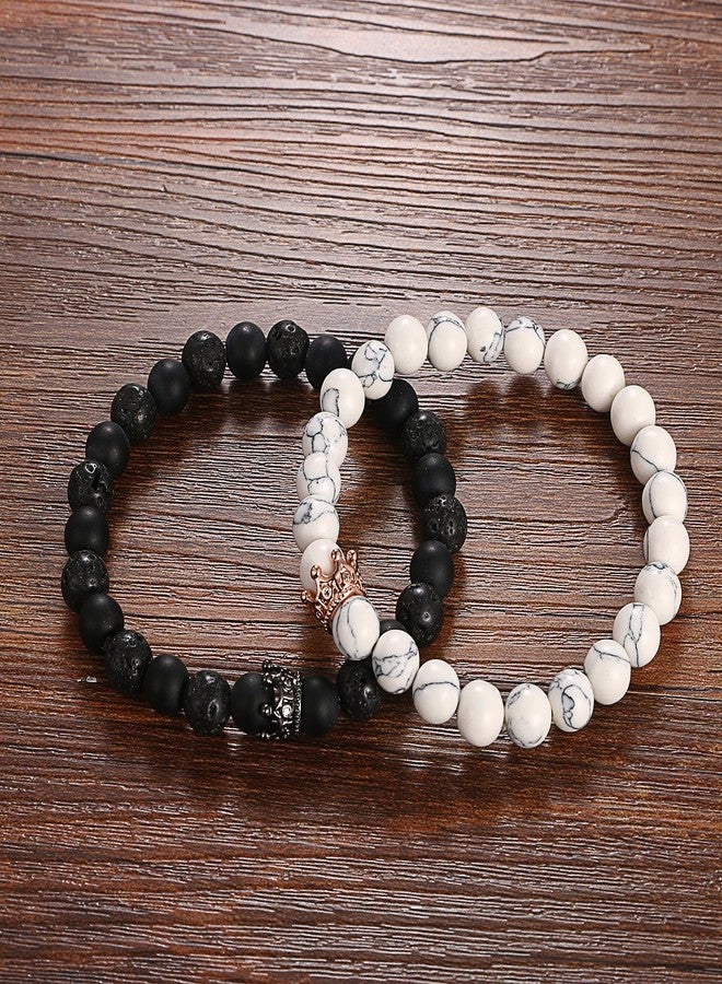 Cupimatch Couple Black Matte Agate & White Howlite CZ Crown Queen 8mm Beads Bracelet, His and Her Couple Bracelets 7.5" - Image 5