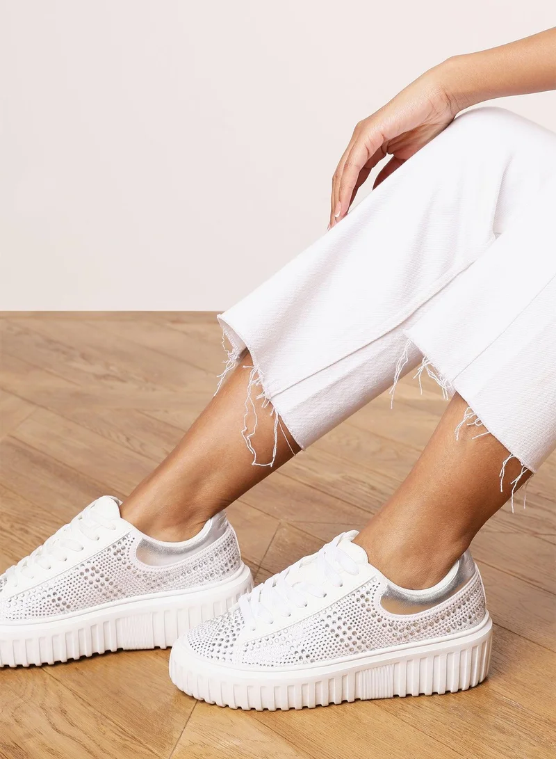 Where's That From 'Eliane' Lace Up Trainer with Diamante pattern and chunky sole