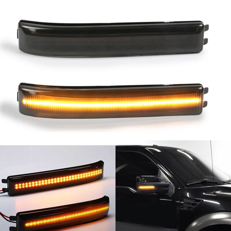 znakeauto 2x Smoked Lens Sequential Amber Full LED Side Mirror Marker Lights Compatible With 20092014 Ford F150 20102014 SVT Raptor Replace OEM Amber BulbLess Reflectors