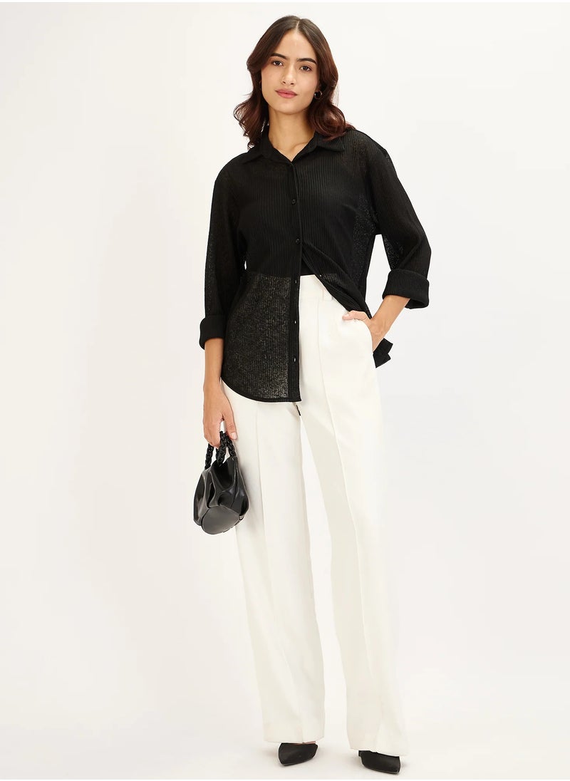 Salt Attire Women's Black Embellished Button-Down Shirt | Classic Collared Top with Full-Length Cuffed Sleeves & Dropped Shoulders | Stylish Black Shirt for Versatile Wear  - Image 1