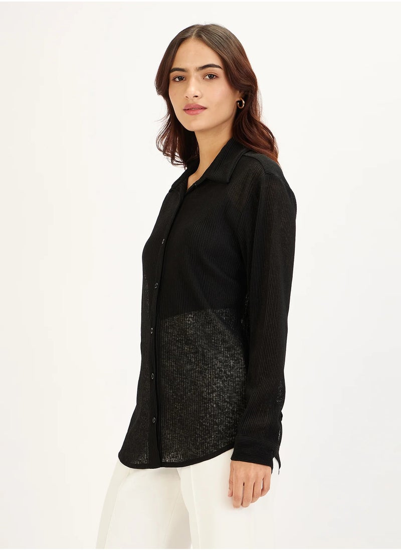 Salt Attire Women's Black Embellished Button-Down Shirt | Classic Collared Top with Full-Length Cuffed Sleeves & Dropped Shoulders | Stylish Black Shirt for Versatile Wear  - Image 3