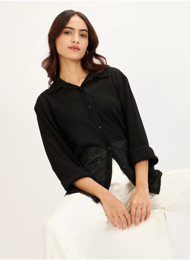 Salt Attire Women's Black Embellished Button-Down Shirt | Classic Collared Top with Full-Length Cuffed Sleeves & Dropped Shoulders | Stylish Black Shirt for Versatile Wear  - Image 5