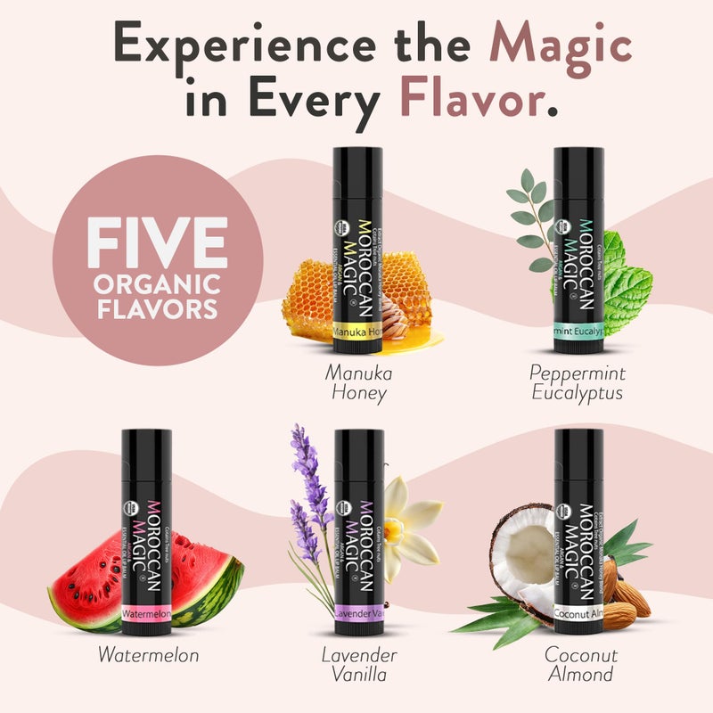 Moroccan Magic Organic Lip Balm 5 Piece Variety Pack Gift Set | Ultra-Hydrating Argan & Essential Oil Lip Moisturizer + Vitamin E | Smooth | Natural | Non-Toxic | Cruelty Free | 5 Pack - Image 2