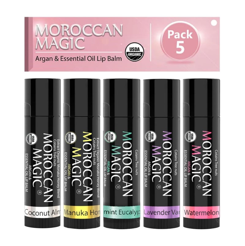 Moroccan Magic Organic Lip Balm 5 Piece Variety Pack Gift Set | Ultra-Hydrating Argan & Essential Oil Lip Moisturizer + Vitamin E | Smooth | Natural | Non-Toxic | Cruelty Free | 5 Pack - Image 1