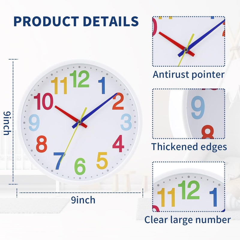 AMOTOFO Time Teaching Clock Silent Wall Clock for Kids Learning Time, Silent Non-Ticking Quartz Decorative Wall Clock for Teacher's Classrooms Or Children's Bedrooms 9 Inch - Image 3