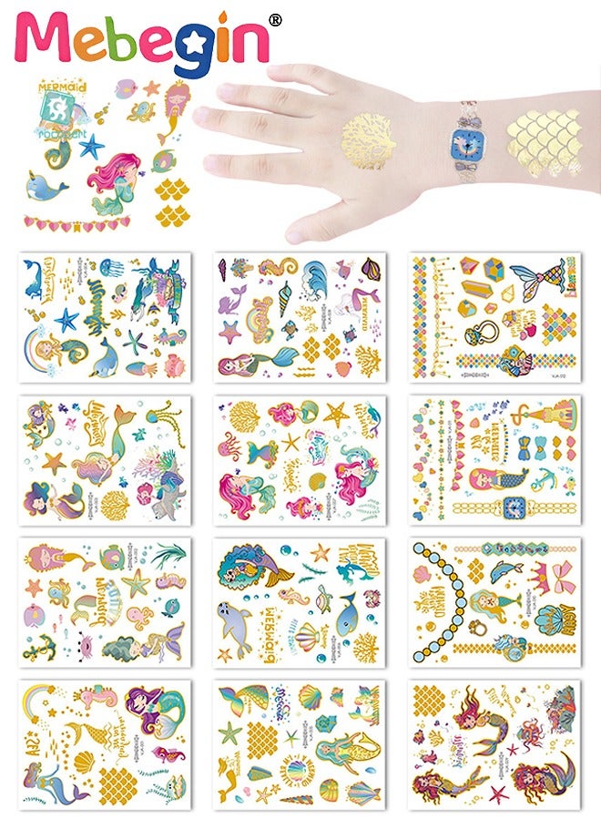 MEBEGIN 12 Sheets Mermaid Temporary Tattoos for Kids, Waterproof Long-lasting Fake Tattoos, High-quality Face and Body Stickers with Attractive Design, Easy to Use and Remove, Versatile Party Decoration - Image 1