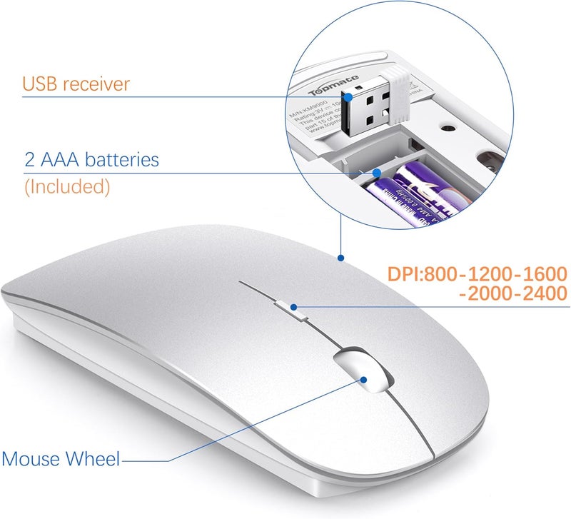TopMate Wireless Keyboard and Mouse Ultra Slim Combo, 2.4G Silent Compact USB 2400DPI Mouse and Scissor Switch Keyboard Set with Cover, Batteries Included, for PC/Laptop/Windows/Mac - Silver White - Image 4