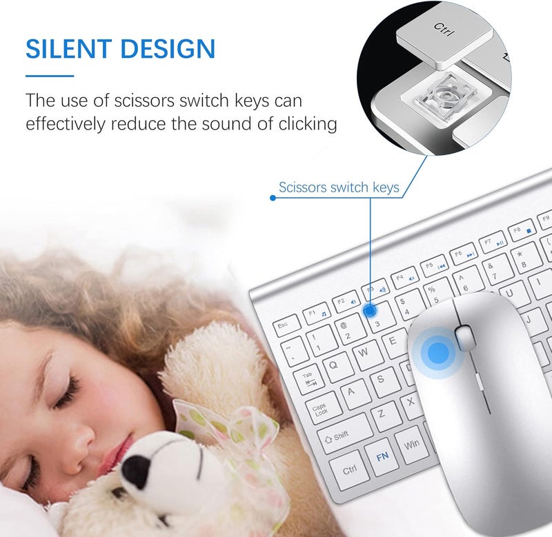 TopMate Wireless Keyboard and Mouse Ultra Slim Combo, 2.4G Silent Compact USB 2400DPI Mouse and Scissor Switch Keyboard Set with Cover, Batteries Included, for PC/Laptop/Windows/Mac - Silver White - Image 2