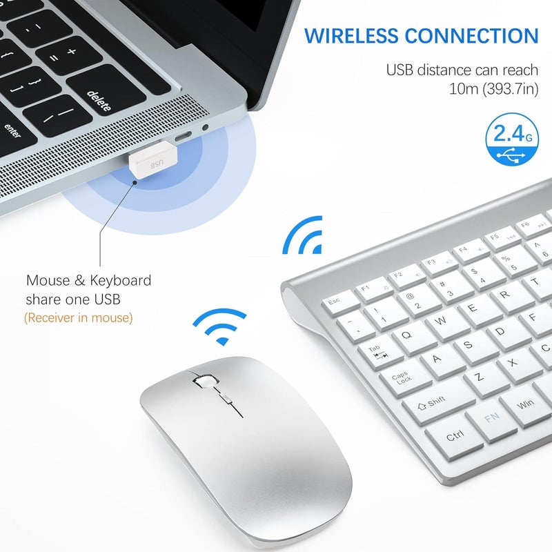 TopMate Wireless Keyboard and Mouse Ultra Slim Combo, 2.4G Silent Compact USB 2400DPI Mouse and Scissor Switch Keyboard Set with Cover, Batteries Included, for PC/Laptop/Windows/Mac - Silver White - Image 3