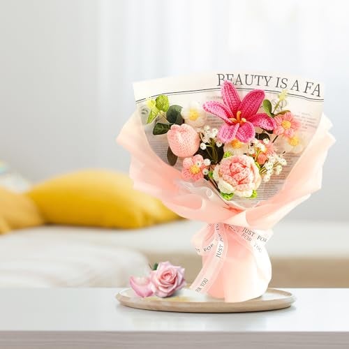 Phaicoilo Crochet Flower Bouquet Tulip Rose: Completed Crochet Tulip Flowers for Mother's Day Birthday Home Decor (Pink) - Image 4