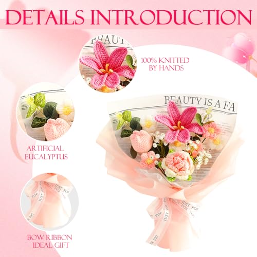 Phaicoilo Crochet Flower Bouquet Tulip Rose: Completed Crochet Tulip Flowers for Mother's Day Birthday Home Decor (Pink) - Image 3