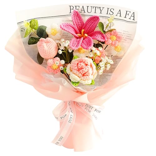 Phaicoilo Crochet Flower Bouquet Tulip Rose: Completed Crochet Tulip Flowers for Mother's Day Birthday Home Decor (Pink) - Image 1