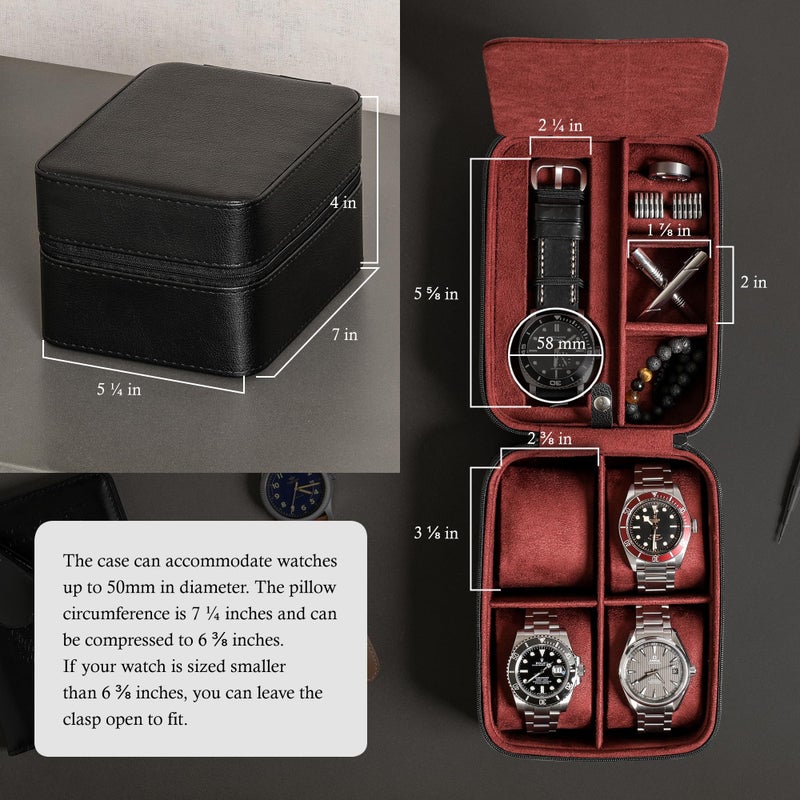 ROTHWELL 5 Watch Travel Case Storage Organizer for 5 Watches | Tough Portable Protection w/Zipper Fits All Wristwatches & Smart Watches Up to 50mm (Black/Red) - Image 4