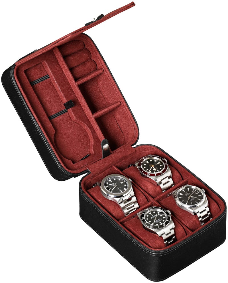 ROTHWELL 5 Watch Travel Case Storage Organizer for 5 Watches | Tough Portable Protection w/Zipper Fits All Wristwatches & Smart Watches Up to 50mm (Black/Red) - Image 1