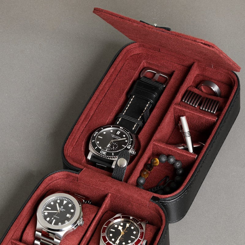 ROTHWELL 5 Watch Travel Case Storage Organizer for 5 Watches | Tough Portable Protection w/Zipper Fits All Wristwatches & Smart Watches Up to 50mm (Black/Red) - Image 5