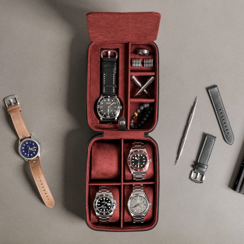ROTHWELL 5 Watch Travel Case Storage Organizer for 5 Watches | Tough Portable Protection w/Zipper Fits All Wristwatches & Smart Watches Up to 50mm (Black/Red) - Image 3