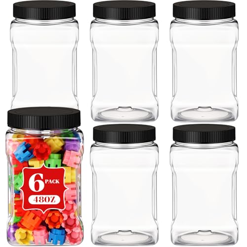 Geiserailie 6 Pcs Square Clear Plastic Jars with Pinch Handle Plastic Storage Container with Screwon Lids Reusable Wide Mouth Canisters for Dry Good Peanut Cookies Candy 48 ozBlack Lids - Image 1
