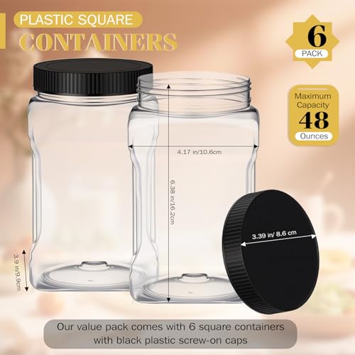 Geiserailie 6 Pcs Square Clear Plastic Jars with Pinch Handle Plastic Storage Container with Screwon Lids Reusable Wide Mouth Canisters for Dry Good Peanut Cookies Candy 48 ozBlack Lids - Image 3