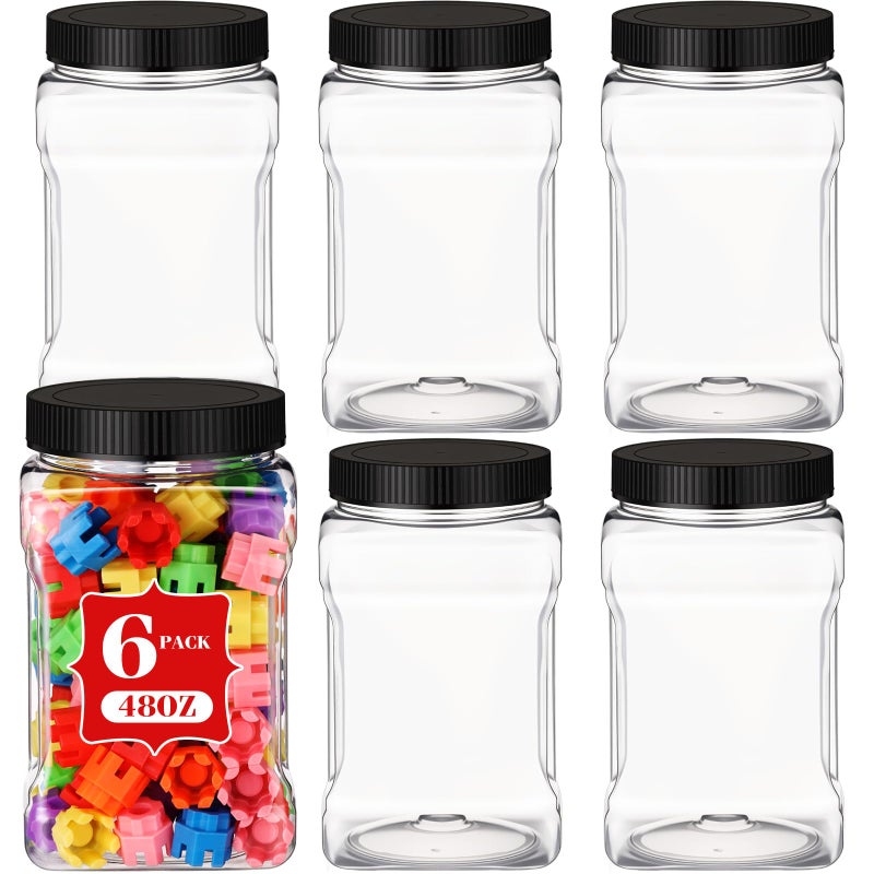 Geiserailie 6 Pcs Square Clear Plastic Jars with Pinch Handle Plastic Storage Container with Screwon Lids Reusable Wide Mouth Canisters for Dry Good Peanut Cookies Candy 48 ozBlack Lids - Image 2