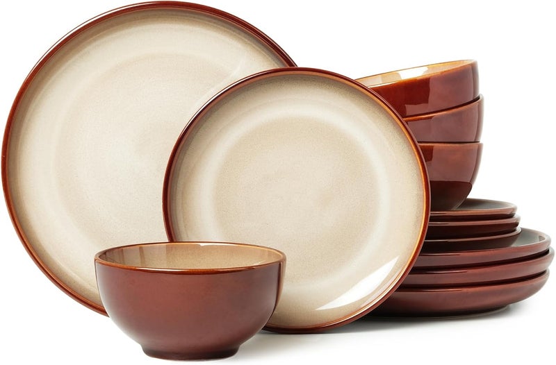Pokini Stoneware Dinnerware Set Service for 4 12 pcs Reactive Glaze Plates and Bowls Sets Handmade Round Dishes Set Highly Chip and Crack Resistant Modern Plate Set Brown Yellow - Image 1