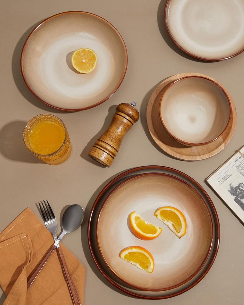 Pokini Stoneware Dinnerware Set Service for 4 12 pcs Reactive Glaze Plates and Bowls Sets Handmade Round Dishes Set Highly Chip and Crack Resistant Modern Plate Set Brown Yellow - Image 5
