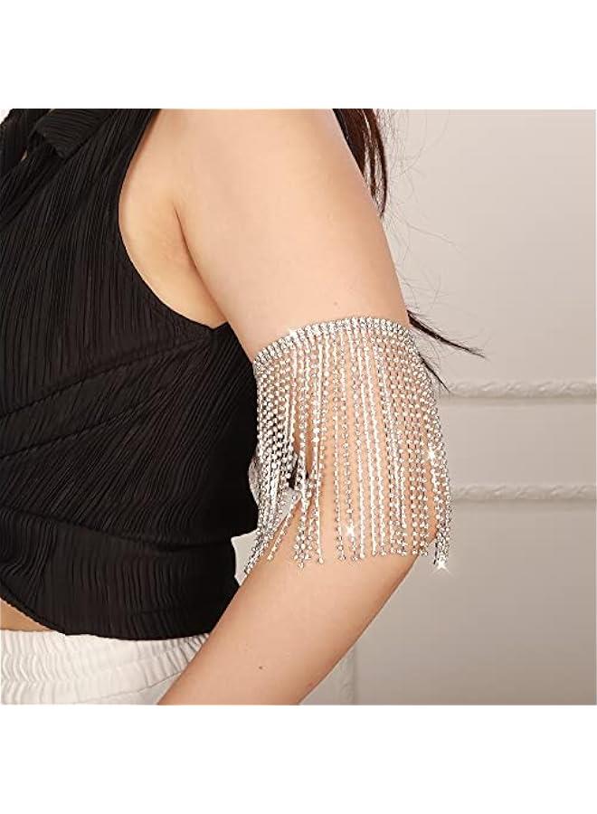 Arabest Rhinestones Tassel Fringe Arm Bracelets Layered Armband Armlet for Bridal Wedding Upper Arm Band Jewelry for Women Prom Party (Silver)  - Image 2
