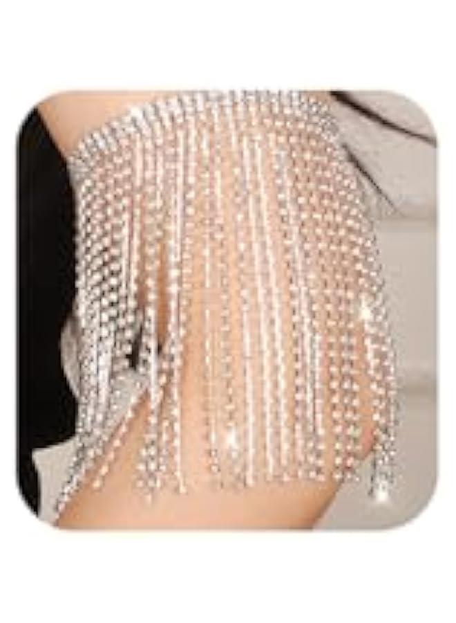 Arabest Rhinestones Tassel Fringe Arm Bracelets Layered Armband Armlet for Bridal Wedding Upper Arm Band Jewelry for Women Prom Party (Silver)  - Image 1
