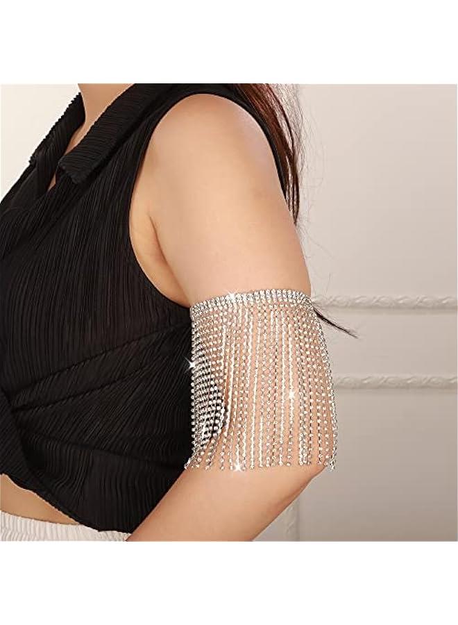 Arabest Rhinestones Tassel Fringe Arm Bracelets Layered Armband Armlet for Bridal Wedding Upper Arm Band Jewelry for Women Prom Party (Silver)  - Image 3