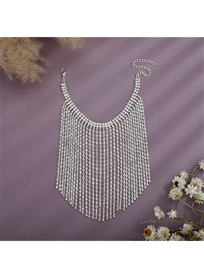 Arabest Rhinestones Tassel Fringe Arm Bracelets Layered Armband Armlet for Bridal Wedding Upper Arm Band Jewelry for Women Prom Party (Silver)  - Image 5