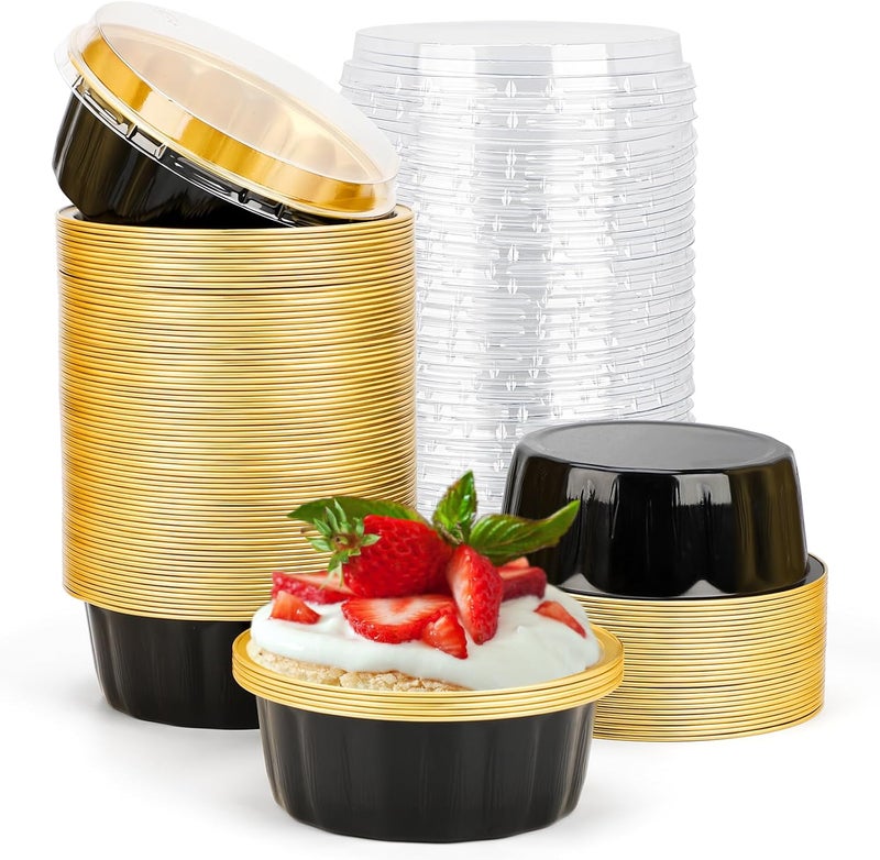 Beasea Disposable Ramekins 8oz, 100 Pack Black Gold Aluminum Foil Cups with Lids, Disposable Creme Brulee Muffin Cupcake Baking Cup Mini Pudding Cups for Party Wedding Birthday - Image 1