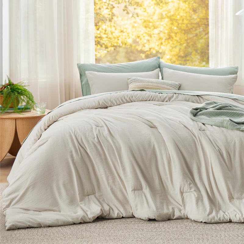 Bedsure Super King Plus Comforter Set, Beige Soft Prewashed Bedding for All Seasons, 3 Pieces GentleSoftâ„¢ Bed Set, 1 Lightweight Comforter (128"x120") and 2 Pillowcases (20"x36") - Image 2