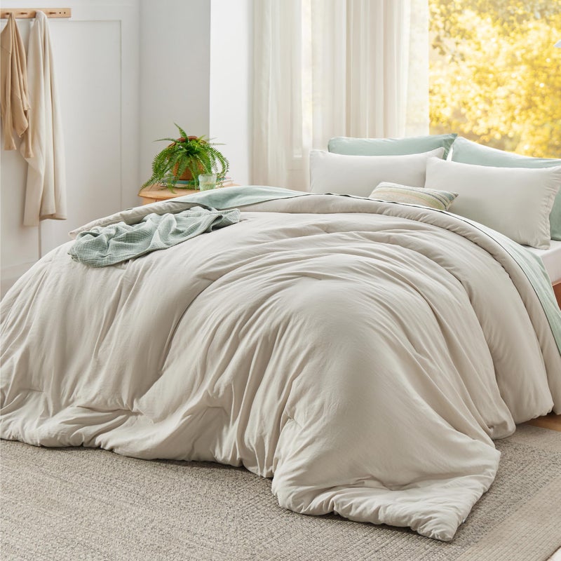 Bedsure Super King Plus Comforter Set, Beige Soft Prewashed Bedding for All Seasons, 3 Pieces GentleSoftâ„¢ Bed Set, 1 Lightweight Comforter (128"x120") and 2 Pillowcases (20"x36") - Image 1