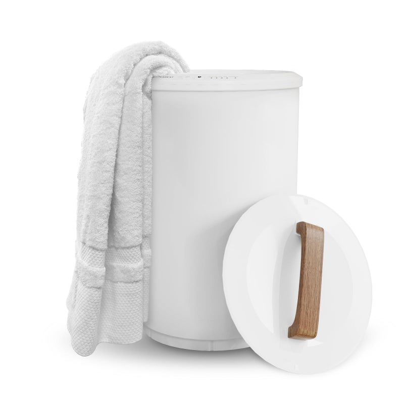 SAMEAT Heated Towel Warmers for Bathroom - Large Towel Warmer Bucket, Wood Handle, Auto Shut Off, Fits Up to Two 40"X70" Oversized Towels, White - Image 1