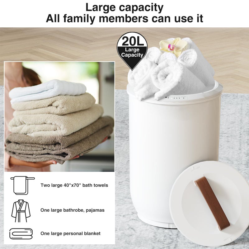 SAMEAT Heated Towel Warmers for Bathroom - Large Towel Warmer Bucket, Wood Handle, Auto Shut Off, Fits Up to Two 40"X70" Oversized Towels, White - Image 5