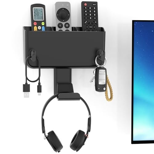 Kytok Adhesive Remote Control Holder Wall Mount with Headset Hanger, 3 in 1 Organizer TV/Fan Remote Caddy with Hook for Headphone, No Drill Controller Storage Bracket, Bed Wall Rack - Image 1