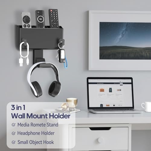 Kytok Adhesive Remote Control Holder Wall Mount with Headset Hanger, 3 in 1 Organizer TV/Fan Remote Caddy with Hook for Headphone, No Drill Controller Storage Bracket, Bed Wall Rack - Image 4