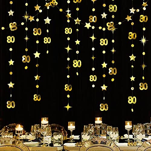Gold 80th Birthday Decorations Number 80 Circle Dot Twinkle Star Garland Metallic Hanging Streamer Bunting Banner Backdrop for Women Mens Cheers to 80 Years Old Birthday Anniversary Party Supplies