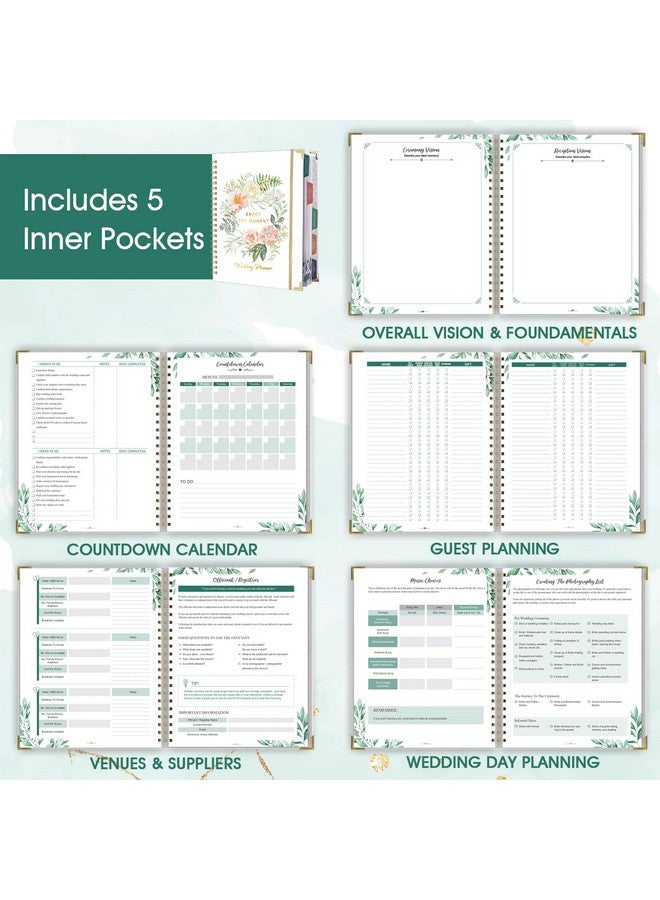 Artfan Wedding Planner - Wedding Planner Book And Organizer For The Bride With 5 Tabbed Sections, 9" X 11.9", Hardcover With Metal Corner + 5 Inner Pockets + Sticker + Elastic Closure Band - Floral  - Image 5
