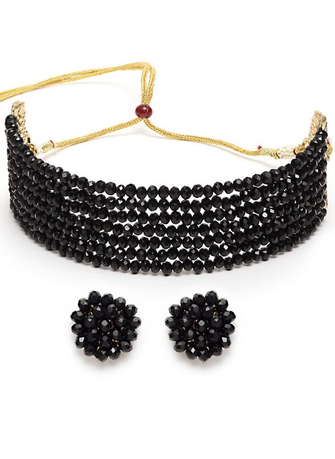 Karatcart - Karatcart Black Crystal Beaded Choker Necklace Setfor Women - Image 1