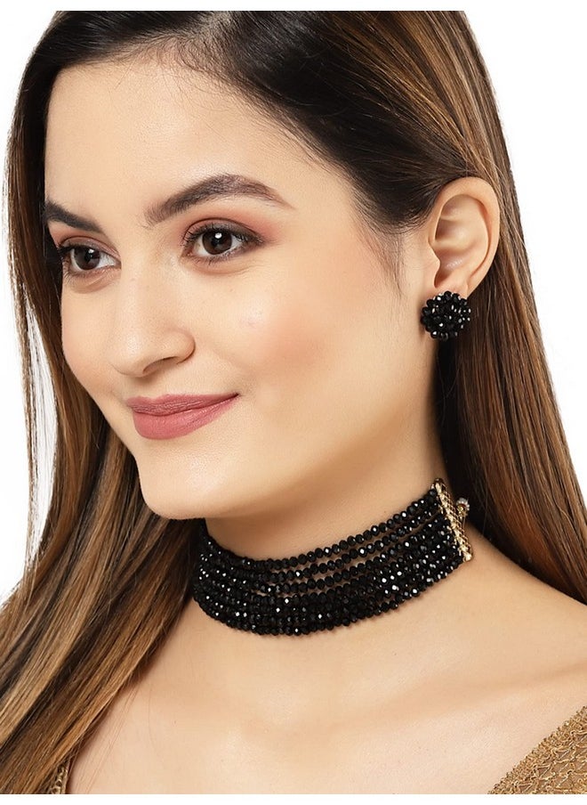 Karatcart - Karatcart Black Crystal Beaded Choker Necklace Setfor Women - Image 1