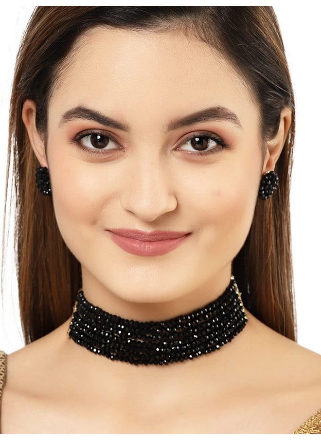 Karatcart - Karatcart Black Crystal Beaded Choker Necklace Setfor Women - Image 1