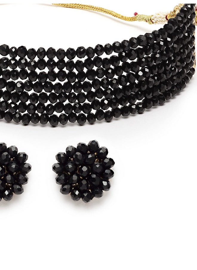 Karatcart - Karatcart Black Crystal Beaded Choker Necklace Setfor Women - Image 1