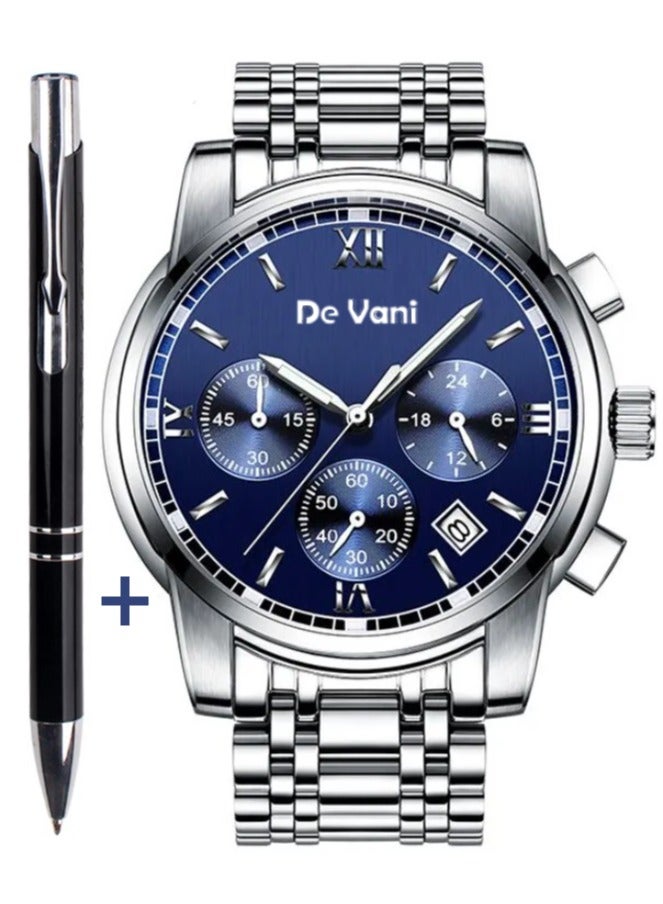 دي فاني ساعة يد للرجال من دي فاني ستانلس ستيل أنالوج بعقارب مع قلم هدية - Image 1