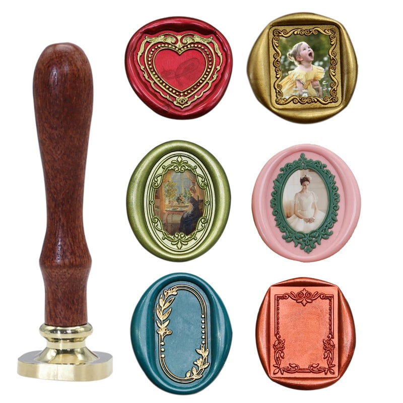 Andotopee 6in1 Vintage Embossed Frame Wax Seal Stamp Kit Rectangle Oval Heart 3D Relief Photo Frame Seal Stamps with Wood Handle Retro Sealing Wax Stamp for Wedding Invitations Letters - Image 2