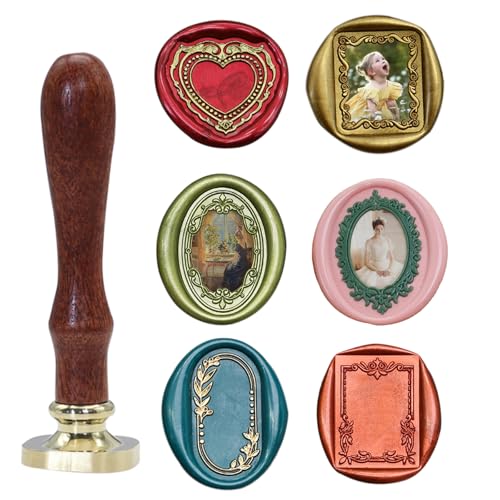 Andotopee 6in1 Vintage Embossed Frame Wax Seal Stamp Kit Rectangle Oval Heart 3D Relief Photo Frame Seal Stamps with Wood Handle Retro Sealing Wax Stamp for Wedding Invitations Letters - Image 1